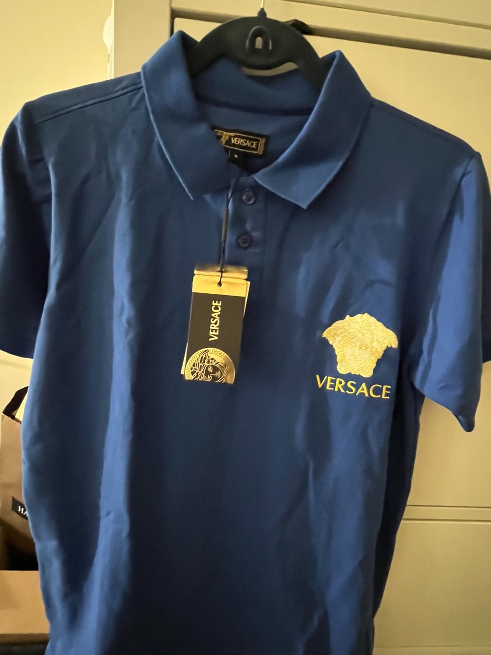 Versace Blue Polo with Gold Medusa Logo